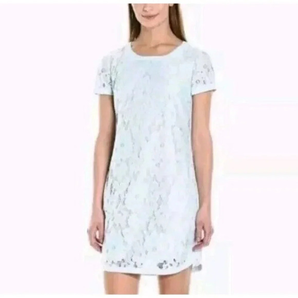 Donna Morgan Mini Dress Women's Size 4 Light Blue Lace Back Zip Short Sleeve - Picture 1 of 9
